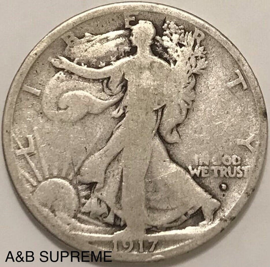 1917 D Walking Liberty Half Dollar Obverse Mintmark Good GD 90% Silver