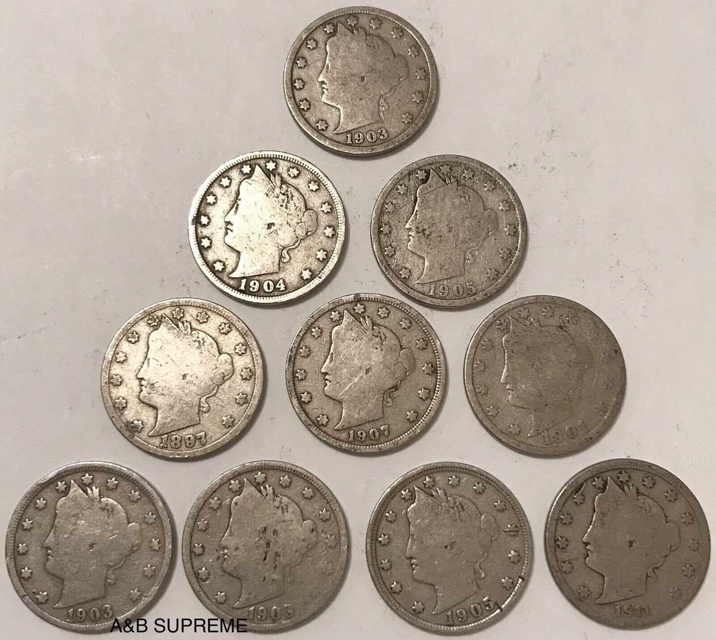 Count of Ten Circulated Liberty V Nickels 1883 to 1912 Good To Fine