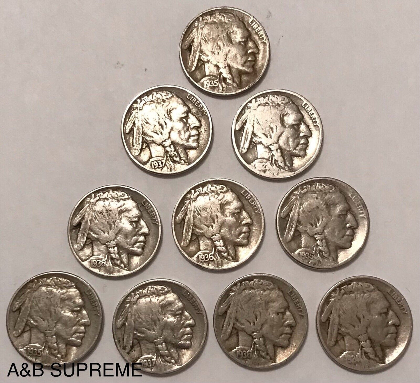 Count of Ten Circulated Buffalo Nickels 1913 to 1938 Fine