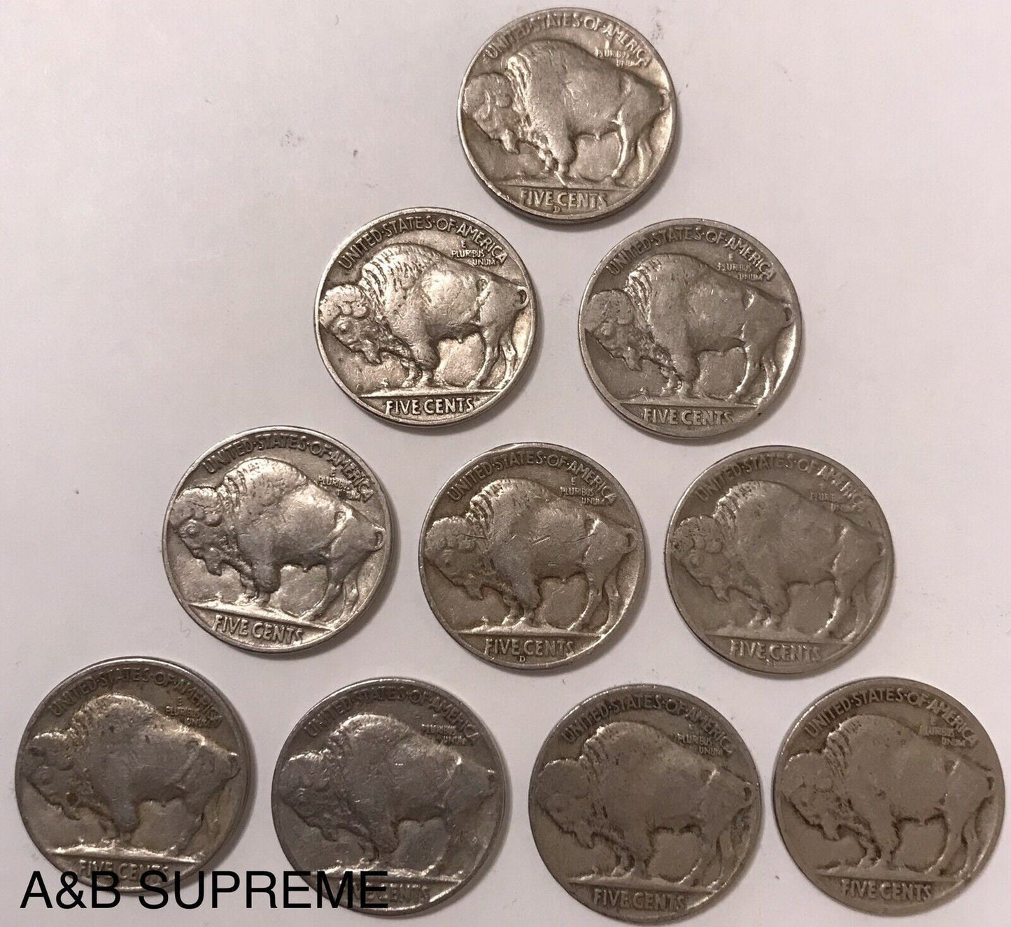Count of Ten Circulated Buffalo Nickels 1913 to 1938 Fine