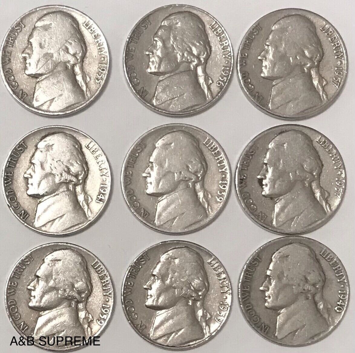 Jefferson Nickels 1938-1959 With Dates & Good Condition 9 Per Lot Grab Bag