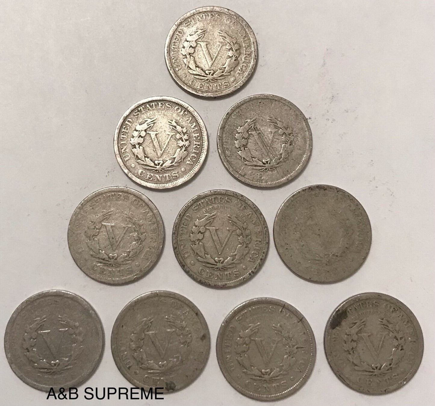 Count of Ten Circulated Liberty V Nickels 1883 to 1912 Good To Fine