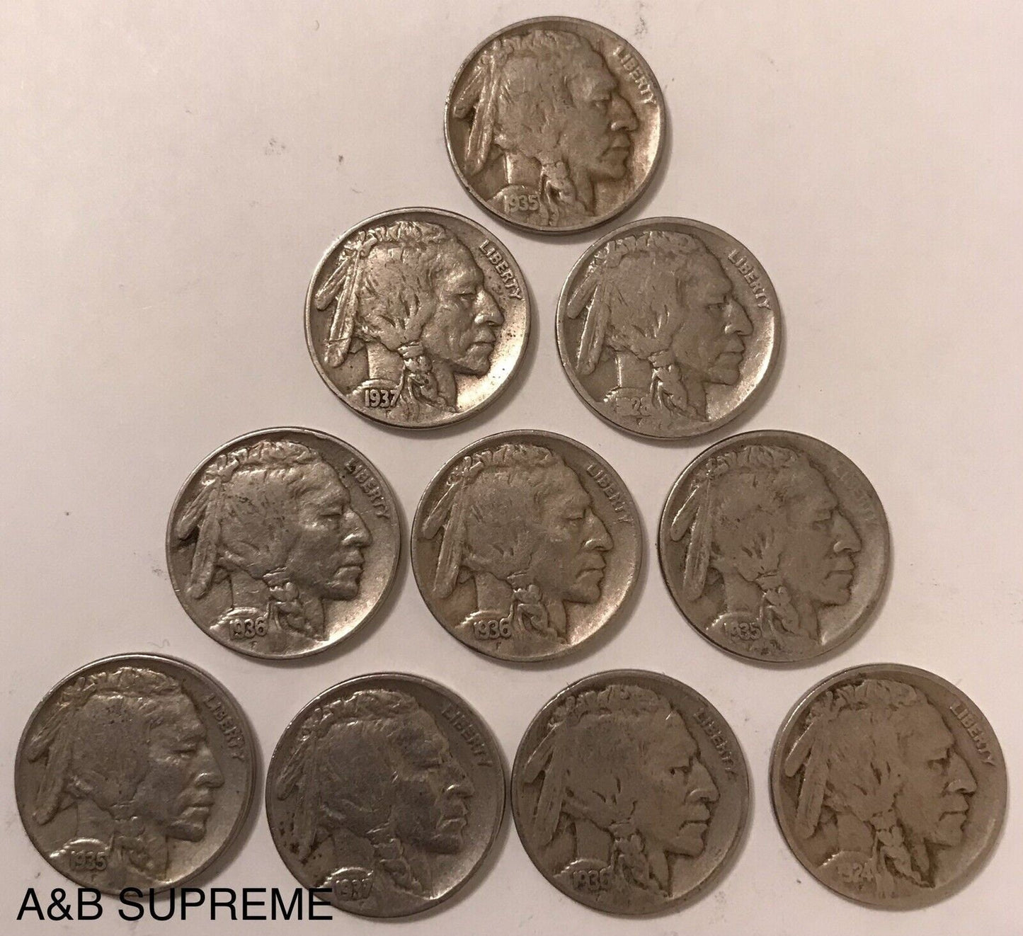 Count of Ten Circulated Buffalo Nickels 1913 to 1938 Fine
