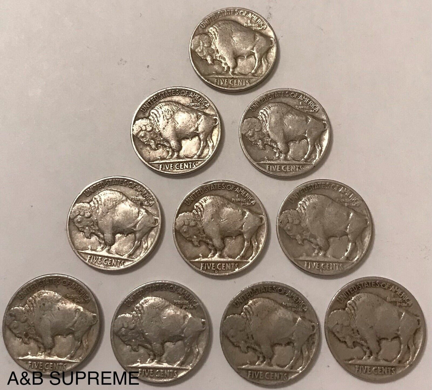 Count of Ten Circulated Buffalo Nickels 1913 to 1938 Fine