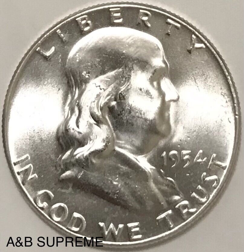 1954 Franklin Half Dollar Uncirculated Gem Bu 90% Silver
