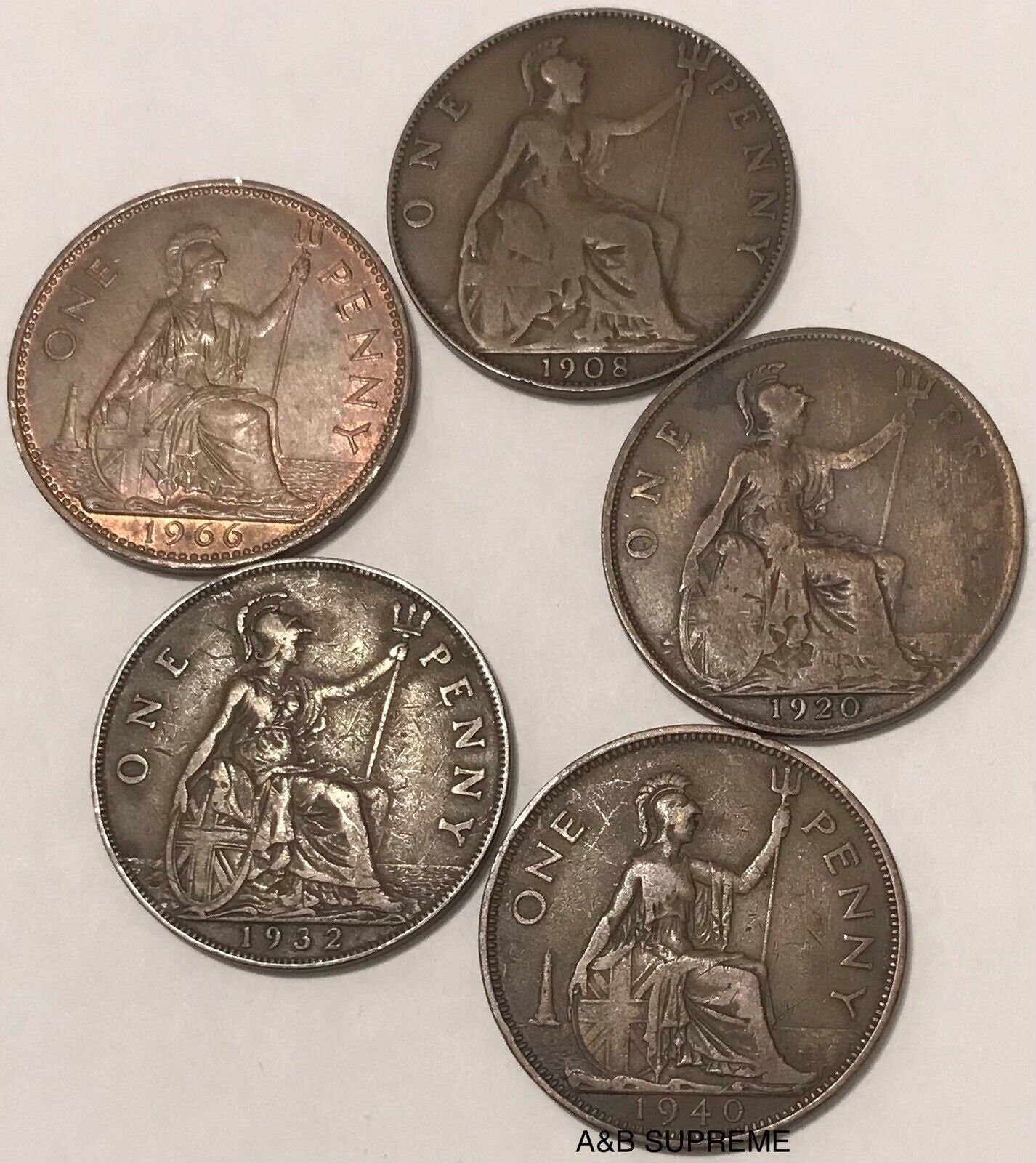 1895-1967 British Large Penny 5-Coin Lot Collectible Cents Good To AU