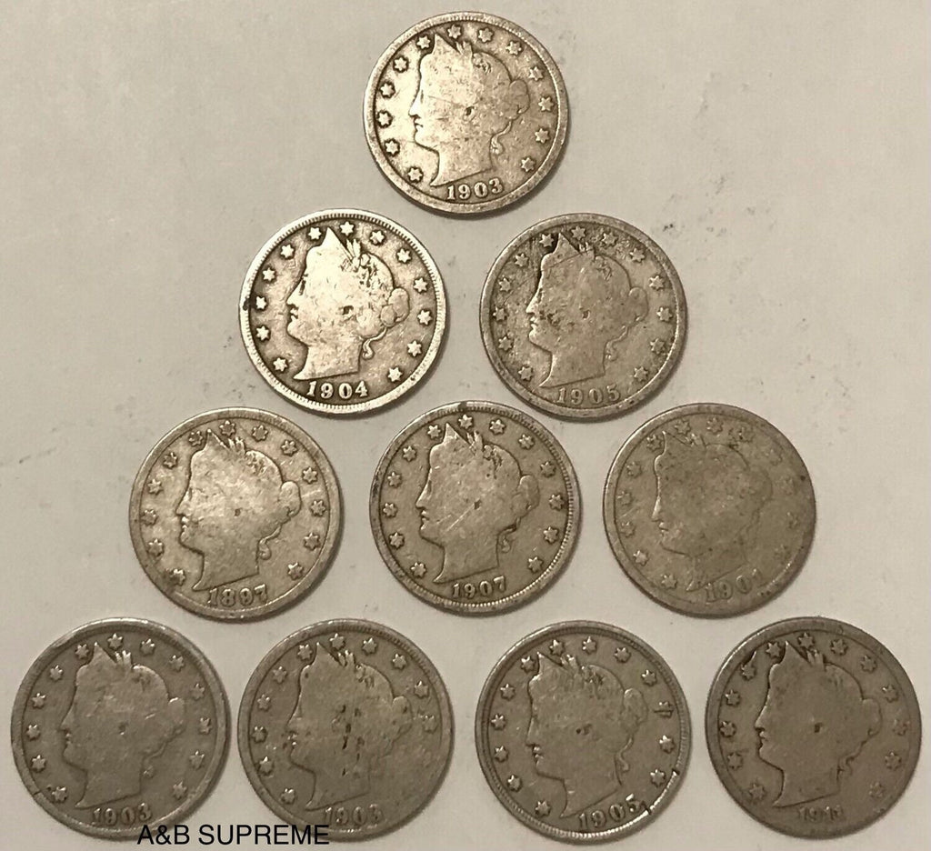 Count of Ten Circulated Liberty V Nickels 1883 to 1912 Good To Fine