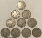 Count of Ten Circulated Liberty V Nickels 1883 to 1912 Good To Fine