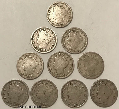 Count of Ten Circulated Liberty V Nickels 1883 to 1912 Good To Fine