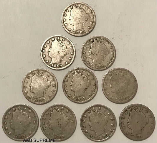 Count of Ten Circulated Liberty V Nickels 1883 to 1912 Good To Fine