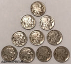 Count of Ten Circulated Buffalo Nickels 1913 to 1938 Fine