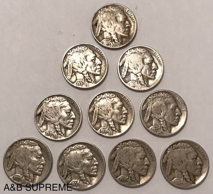 Count of Ten Circulated Buffalo Nickels 1913 to 1938 Fine