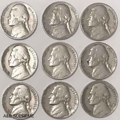 Jefferson Nickels 1938-1959 With Dates & Good Condition 9 Per Lot Grab Bag