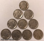 Count of Ten Circulated Buffalo Nickels 1913 to 1938 Fine
