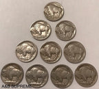 Count of Ten Circulated Buffalo Nickels 1913 to 1938 Fine