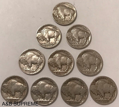 Count of Ten Circulated Buffalo Nickels 1913 to 1938 Fine