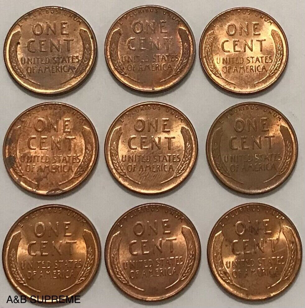 Lincoln Wheat Cent Penny Au-Bu Uncirculated 9 Per Lot Grab Bag