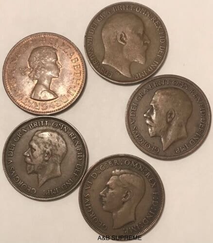 1895-1967 United Kingdom British Large Cent Penny With Dates 5-Coin Lot Grab Bag