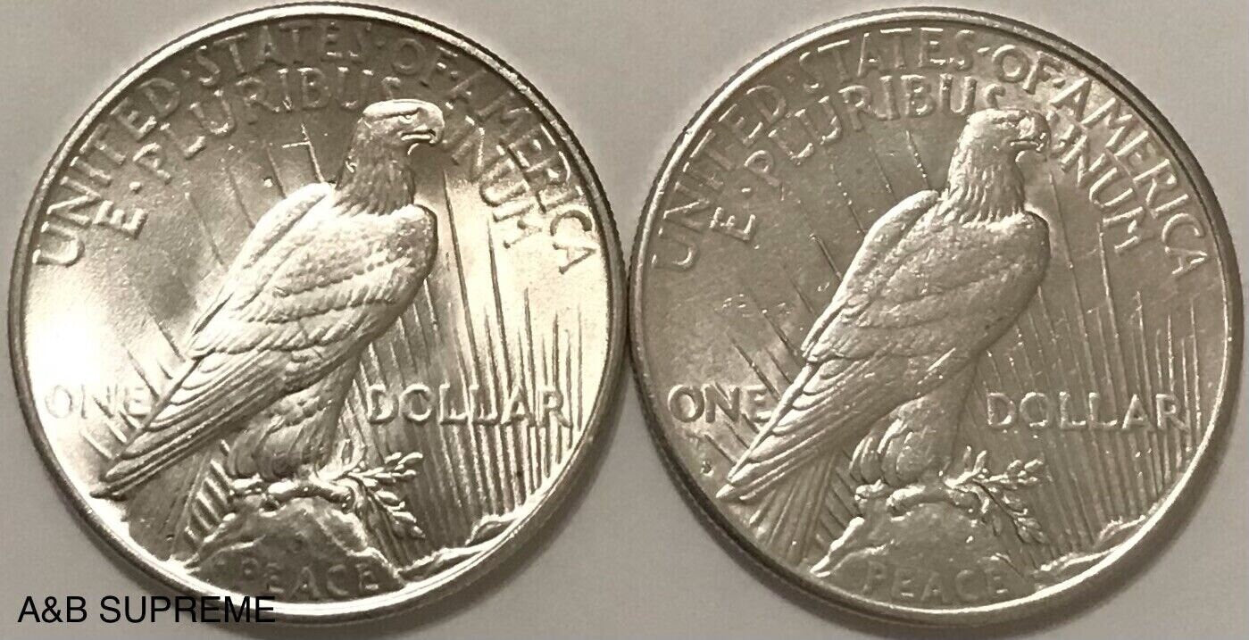 Two (2) 1921-1935 Peace Dollar Gem Bu & Au-Bu 90% Silver