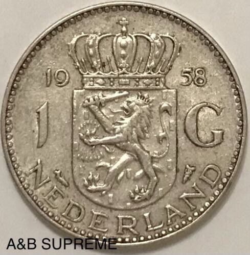 1958 Netherlands 1 Gulden Queen Juliana Au About Uncirculated 72% Silver Crown