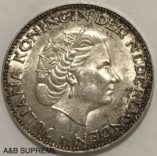 1959 Netherlands 2-1/2 Gulden Queen Juliana Bu Uncirculated 72% Silver Crown