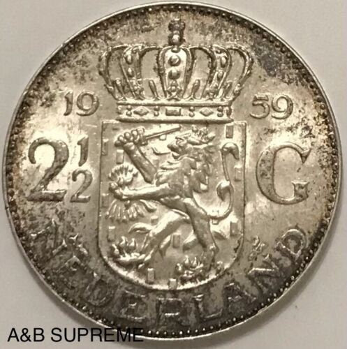 1959 Netherlands 2-1/2 Gulden Queen Juliana Bu Uncirculated 72% Silver Crown