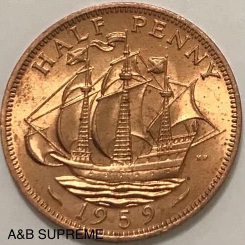 1959 Great Britain Half Penny Cent Warship Coin Gem Bu Uncirculated