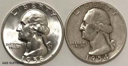 2) 1932-1964 Washington Quarter Gem Bu Uncirculated & Average Circulated 90% Silver