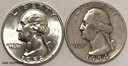 2) 1932-1964 Washington Quarter Gem Bu Uncirculated & Average Circulated 90% Silver