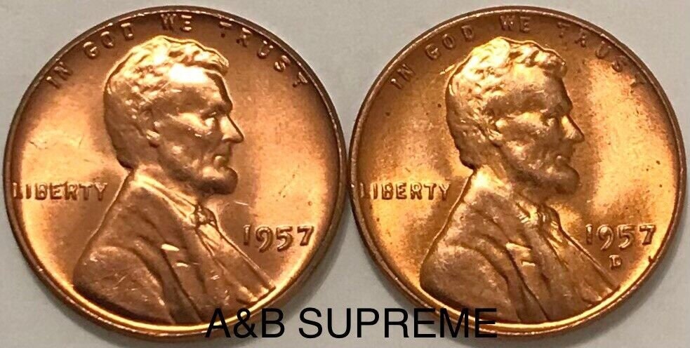 1957 P & D Lincoln Wheat Cent 2 Coin Set Bronze Pennies Gem Bu Uncirculated