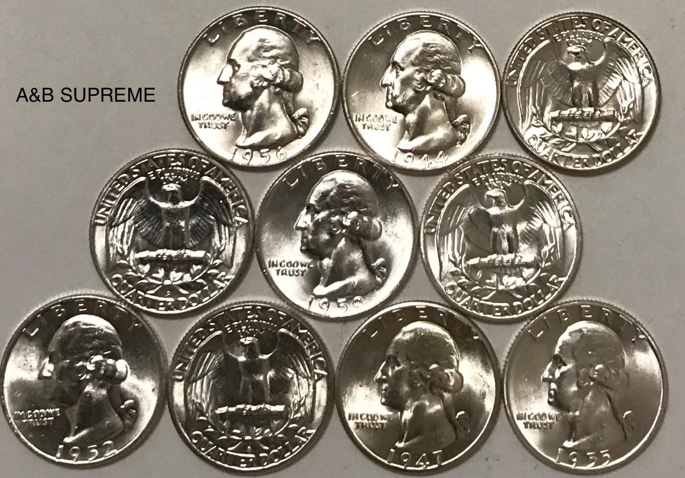 10) TEN Washington Quarters From OBW Roll Estate 1932-1964 Choice-GEM Bu Uncirculated 90% Silver